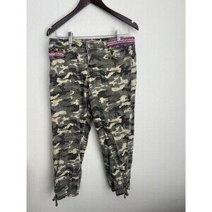 VTG Desigual Camo Cargo Pants 42 Boho Embellished Lace-Up Gorpcore Military Y2K